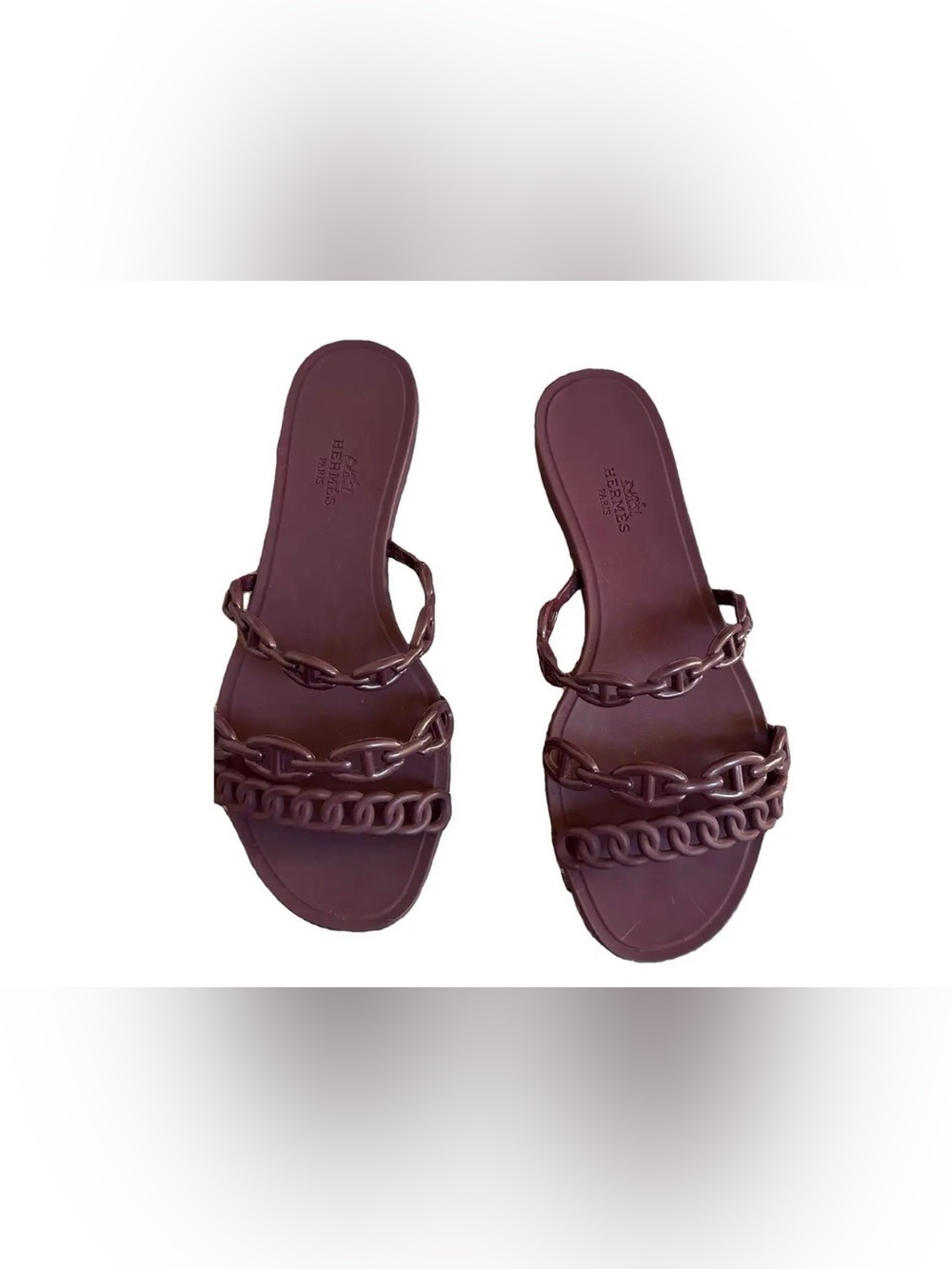 Women’s Brown Chain-Strap Slide Sandals - Cherry-colored rubber slippers.